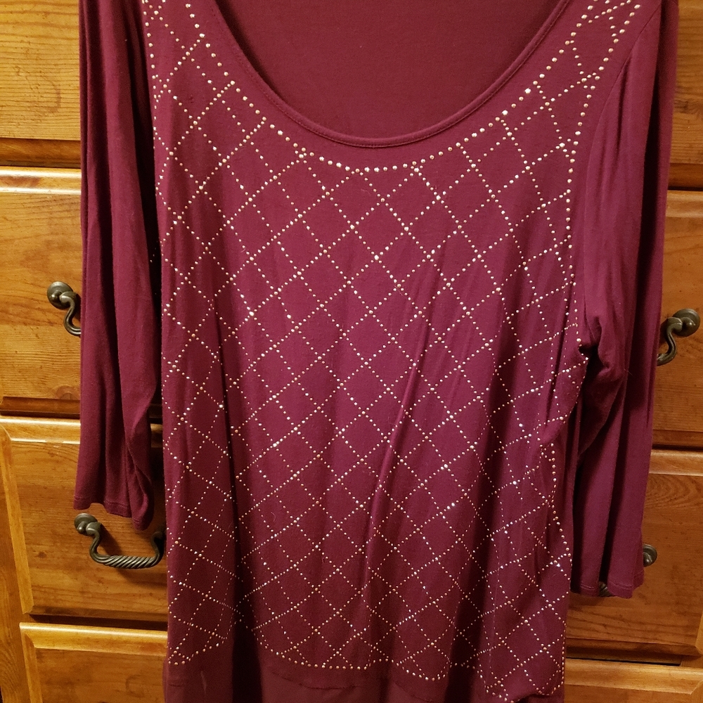 BELLDINI 3/4 Sleeve Maroon Embellished Loose Crewneck Top XL
